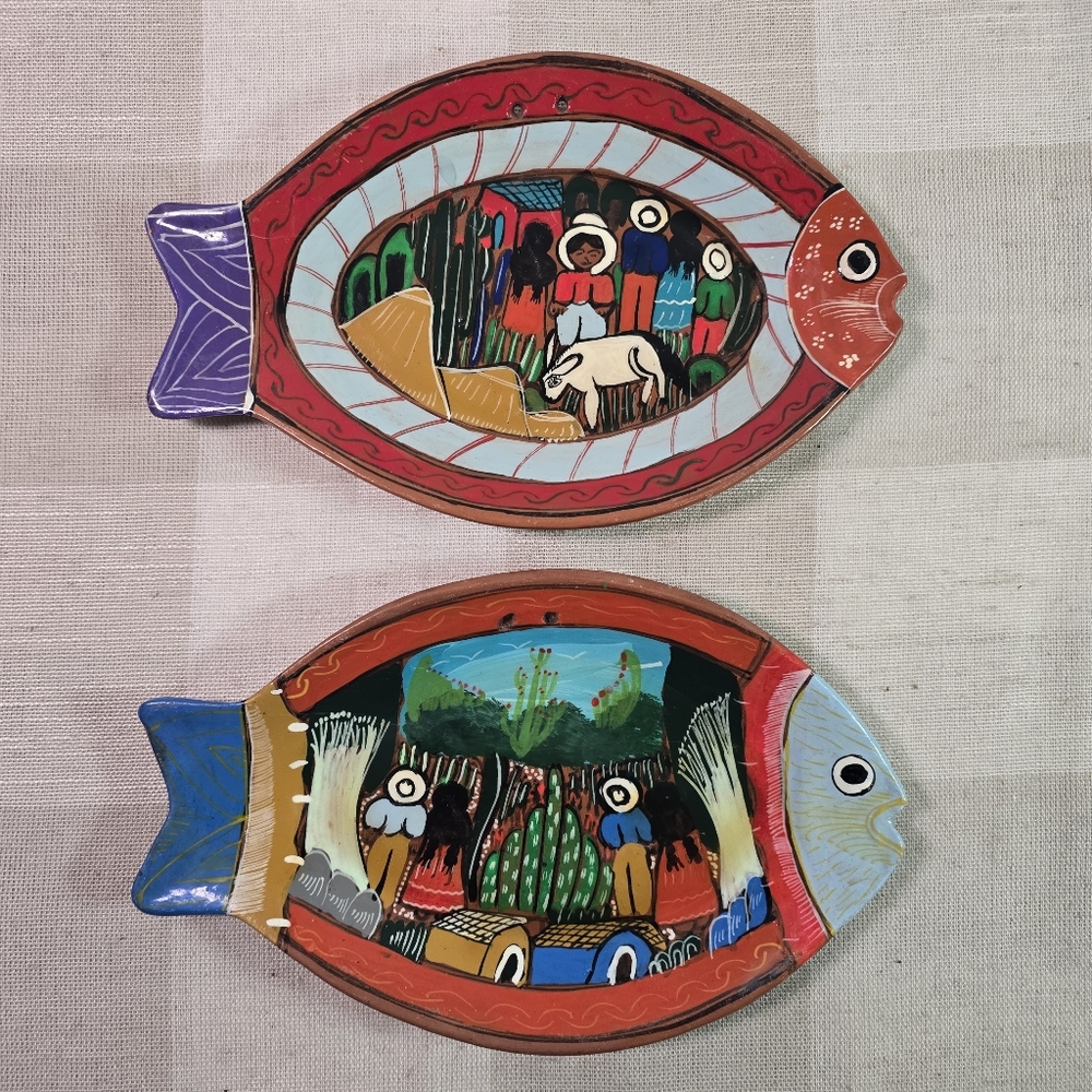 Set Of 2 Terra Cotta Fish Shapes Plate Hand Painted Mexico